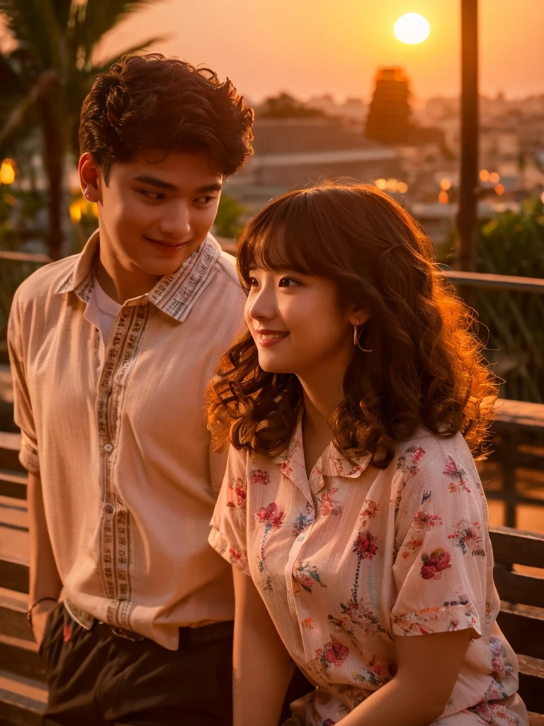 a couple wearing matching shirts, boy with semi-chubby body, girl with curly hair, romantic date, hyper detailed, photorealistic, high quality, 8k, cinematic lighting, vibrant colors, warm tones, beautiful couple, cute, adorable, loving, affectionate, tender, girl with beautiful curly hair, boy with semi-chubby body, matching shirts with text "MP" and "LJ", outdoor setting, sunset, scenic background, high detail, intricate, masterpiece, award winning