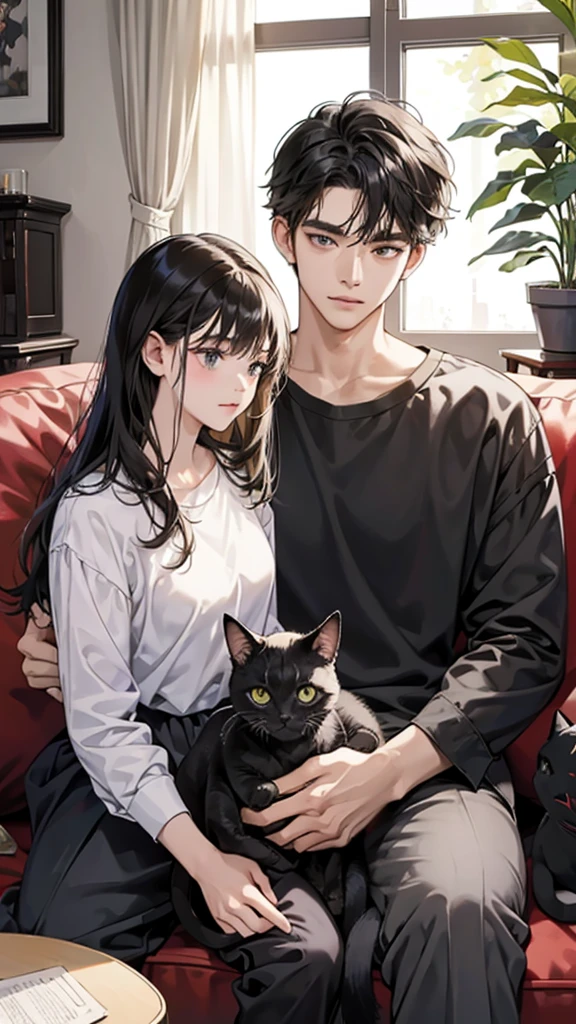 college student couple, Carrying a cat, Sit on the sofa, Black Cat, living room,ถูกต้องตามกายวิภาคศาสตร์,