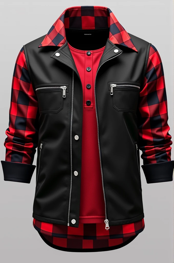 Raglan social shirt, with zipper on top, buttons on the body in the center, part of the hem open without zipper or buttons, with black shirt body, with long sleeves black and red plaid all over, rolled up sleeve hem with all black cuff, shirt hem being red and black checkered, large red and black plaid collar, two zippered pockets, one on each side, red henley shirt with priest collar and black buttons inside, men's fashion