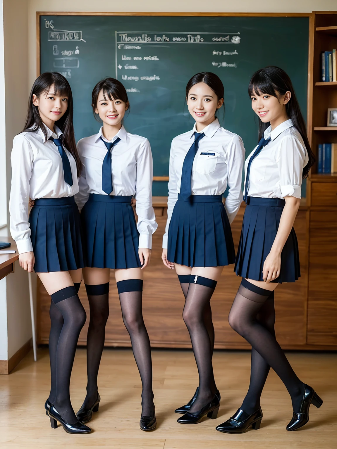 (Highest quality, masterpiece, Photorealistic, Super detailed, Ultra-high resolution, born:1.3), (Three people:1.3), beautiful, 日本人の女子高born, , In the classroom, 学born服,Navy blue high waist pleated mini skirt, (Black Stockings),(smile), (bangs), (Long legs, whole body:1.2),  (Standing side by side)