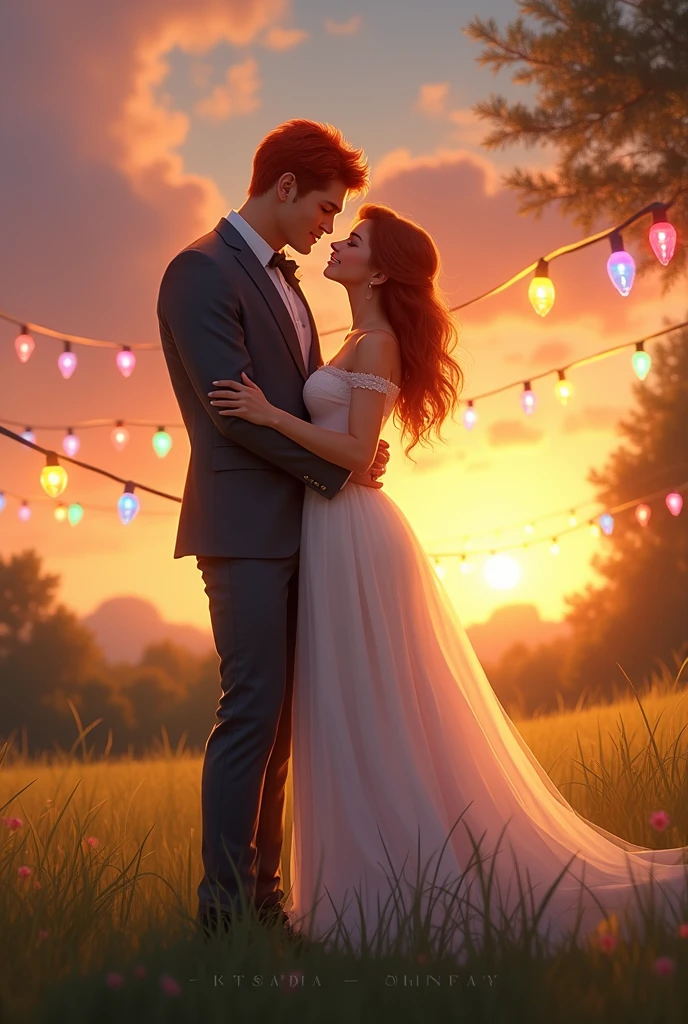 "A tall, muscular man with red hair, wearing a gray suit, stands in a field with his shorter fiancée. She is dressed in a modern-style wedding gown, embracing his waist. The scene is set during sunset with colorful lights decorating the wedding venue. Below the picture, write: 'Kritsada ♥️ Thariniy.'"