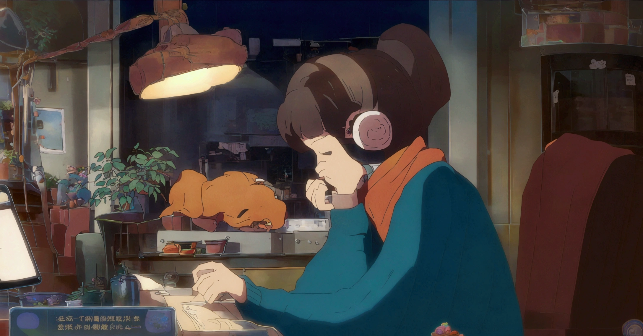 A young woman with brown hair "praise" Branded headphones, sitting at a wooden desk writing in a notebook. She is wearing a green sweater and a red scarf. The setting is cozy, There is a view of the city from the window、Dimly lit night room. On the desk is color々There are things like that on display., Including potted plants, Pencil holder, Scissors and a laptop with an open web page. Orange cat sleeping behind a potted plant. There are other decorations in the room too., Shelves filled with books, lamp, Small toys and pictures. The overall atmosphere is calm and educational.. Anime-style illustration of a woman studying at a desk with a laptop. The night cityscape is visible in the background., There are potted plants and stationery lined up on the desk.. You can also see a cat sleeping behind her..