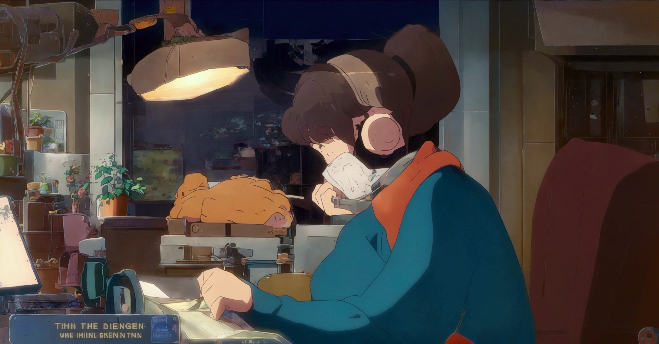 A young woman with brown hair "praise" Branded headphones, sitting at a wooden desk writing in a notebook. She is wearing a green sweater and a red scarf. The setting is cozy, There is a view of the city from the window、Dimly lit night room. On the desk is color々There are things like that on display., Including potted plants, Pencil holder, Scissors and a laptop with an open web page. Orange cat sleeping behind a potted plant. There are other decorations in the room too., Shelves filled with books, lamp, Small toys and pictures. The overall atmosphere is calm and educational.. Anime-style illustration of a woman studying at a desk with a laptop. The night cityscape is visible in the background., There are potted plants and stationery lined up on the desk.. You can also see a cat sleeping behind her..