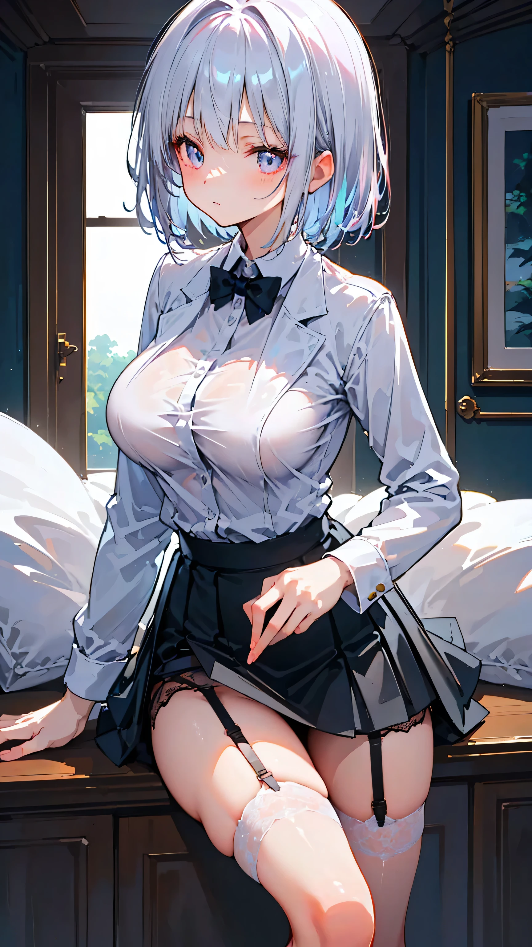 Ultra-high resolution, 8k,high quality,(((Cute tops、garter belt,suit、Ultra Mini Skirt))),(Retrospective angle,Cunning Hand),(、glowing、iridescent light,soft shadow,Anime Painting,thin line drawing),One Little Woman,(((giga breasts,))),