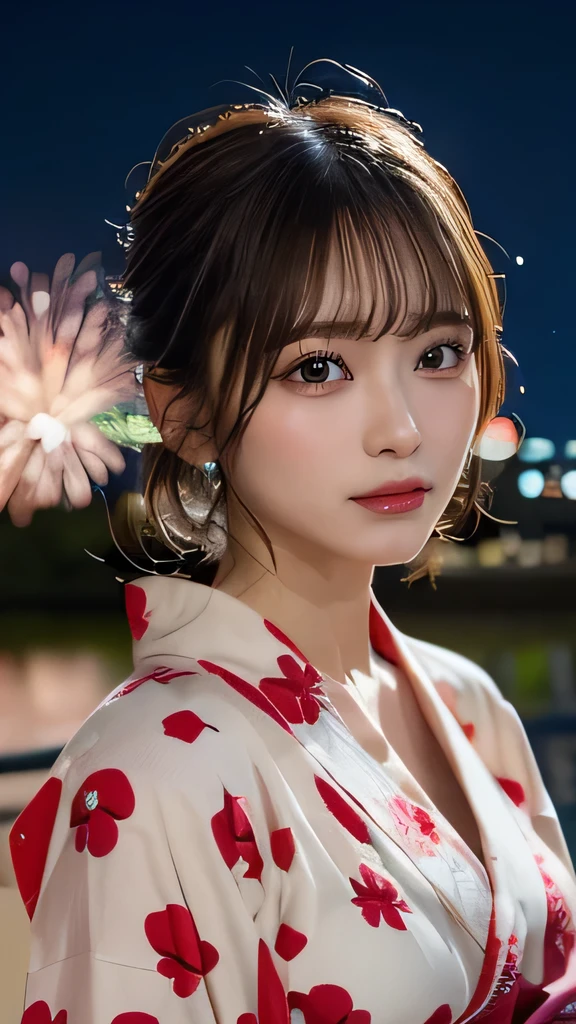 Tabletop, Highest quality, shape, Very detailed, High resolution, 8k wallpaper, Perfect dynamic composition, Ultra detailed face,  Natural Lip,blazer , Cleavage, whole body, Beautiful eyelashes on both eyes, Audience, looking at the camera, Fireworks venue, night, (Cute Yukata, yukata)