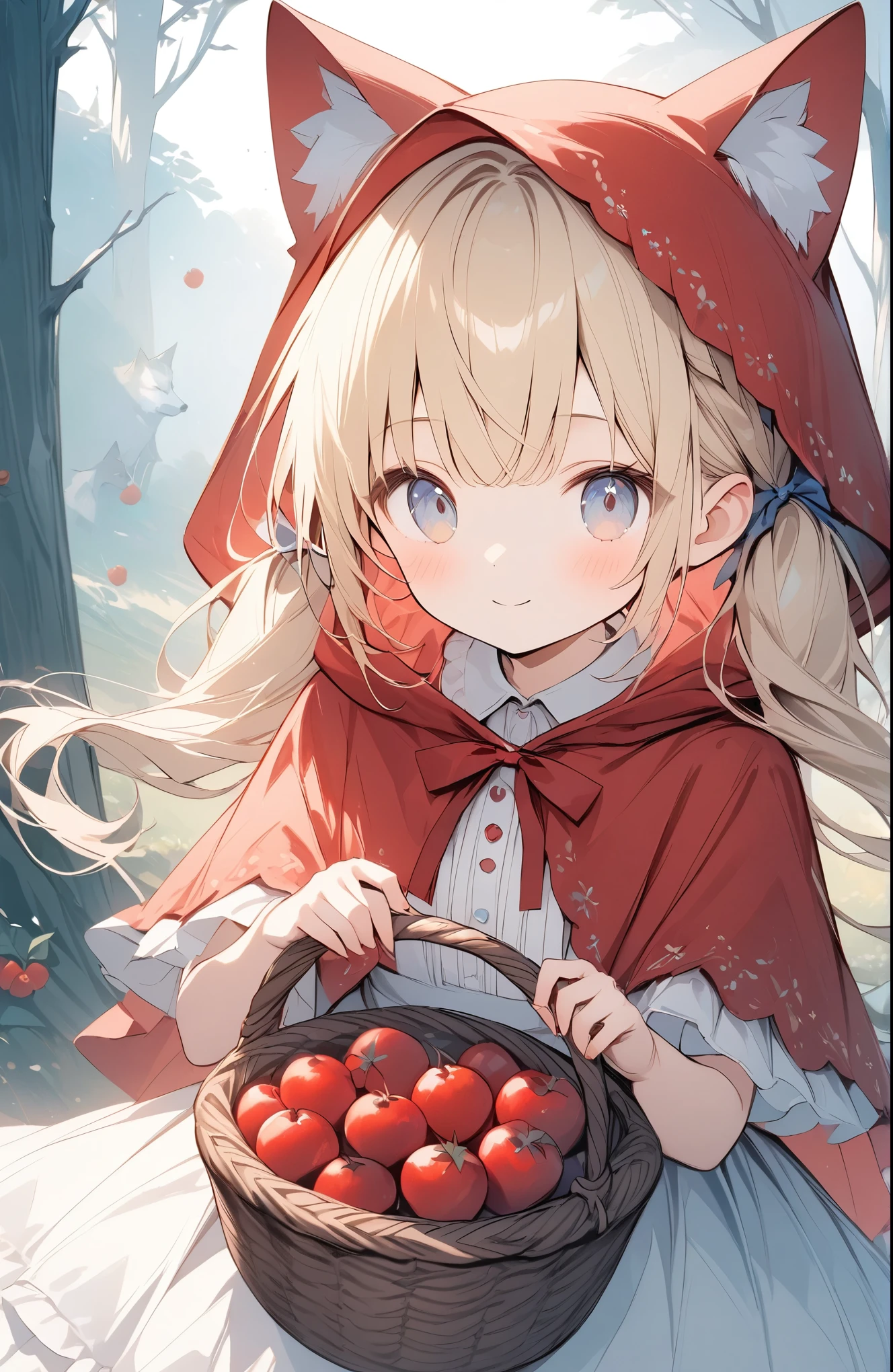 pale colour,((Amazingly absurd)),超High resolution, Attention to detail, high quality, High resolution, 最high quality, 4K, 8k,Fairytale background、Little Red Riding Hood and the Wolf、Red Hood、Scary Wolf、Blonde、Pigtails、in the forest、Little Red Riding Hood with a basket of fruit