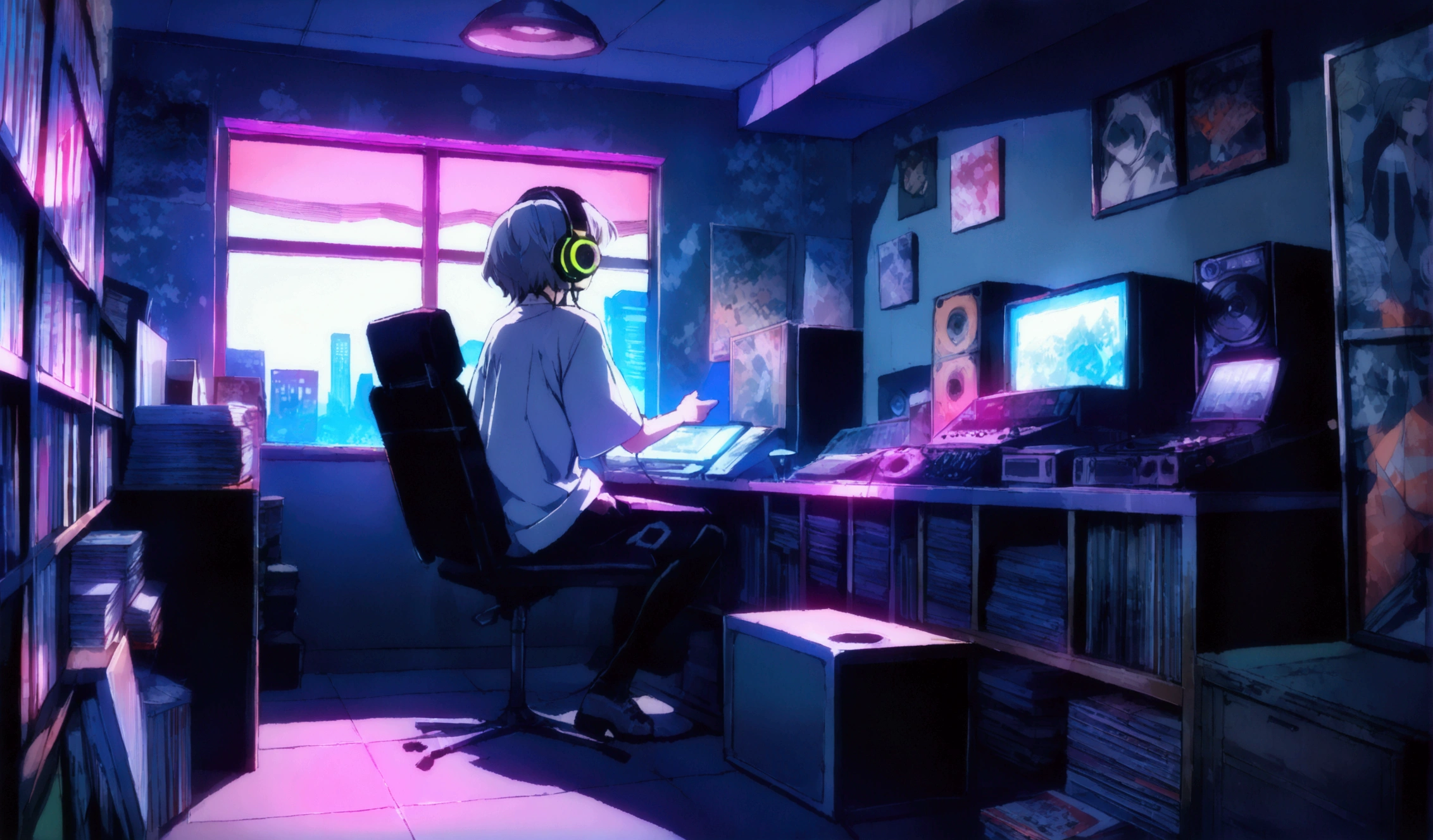 1 person,Androgynous boy listening to music with headphones, Chill, Gray Hair,Very detailedな,dark, cyber punk, relax, Light coming through the window, nightの風景, One Bedroom, 2D, Wide Shot, (Movie noise), 古いcomics, (Many records: 1.3), vinyl record store, (masterpiece, Very high quality, Very high quality, Official Art, beautifully、beautiful: 1.2), (Very detailed, (Fractal Art: 1.4 ), guitar, (Note: 1.4), (Lo-fi hip hop), Old Anime Texture, alone, speaker, cyber punk, vinyl, night，Exquisite facial details，Cool guy,game machine,comics,Vintage Wave,
