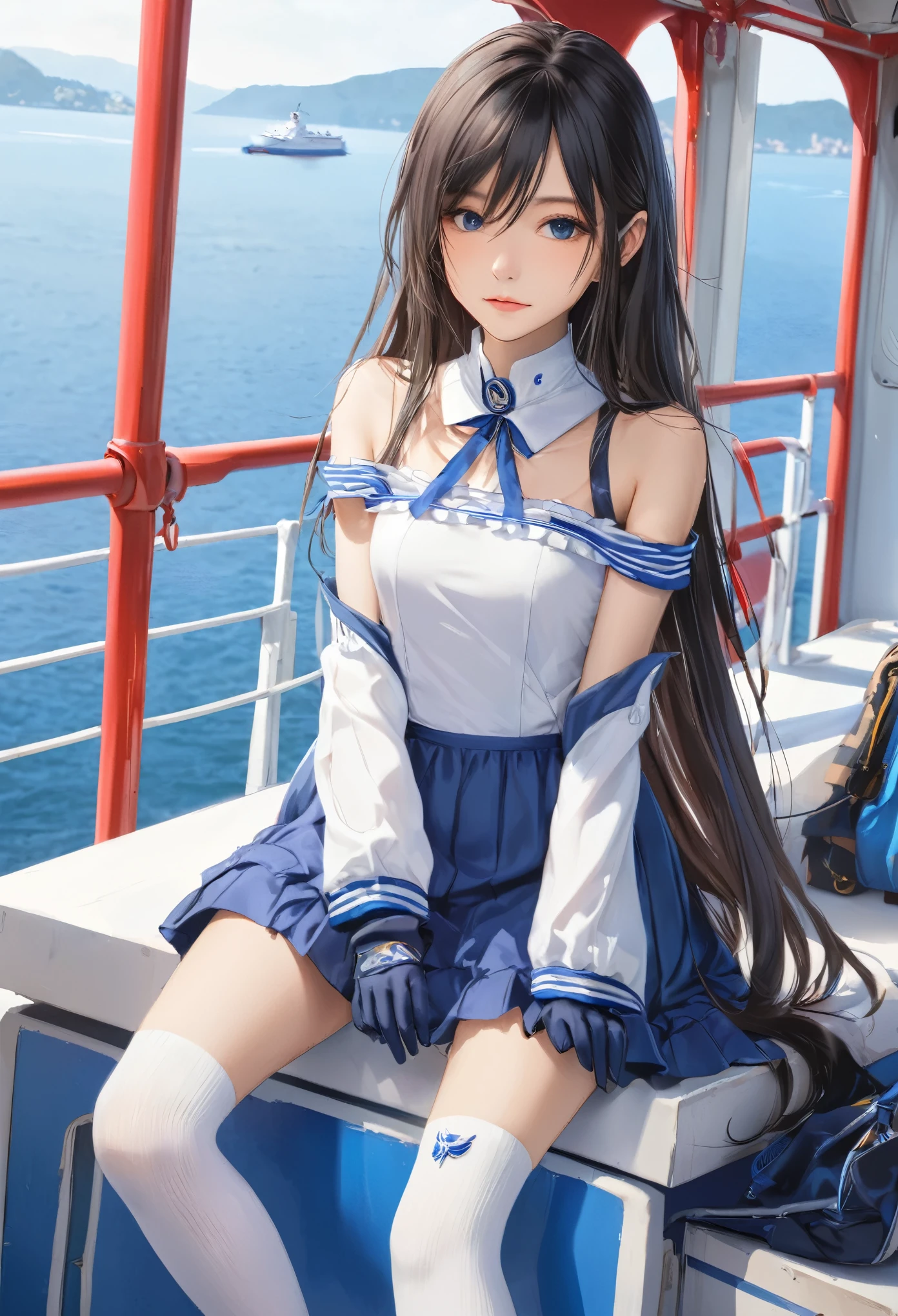 (masterpiece, Highest quality:1.2), one person&#39;s, alone,Bony body、15 years old、ferry, ((Long Hair)), ferryBase, ((Knee socks)), Exposing shoulders, ((jewelry)), ((No sleeve)), White Dress, Blue Skirt, ((gloves)), Up to the thighs, 