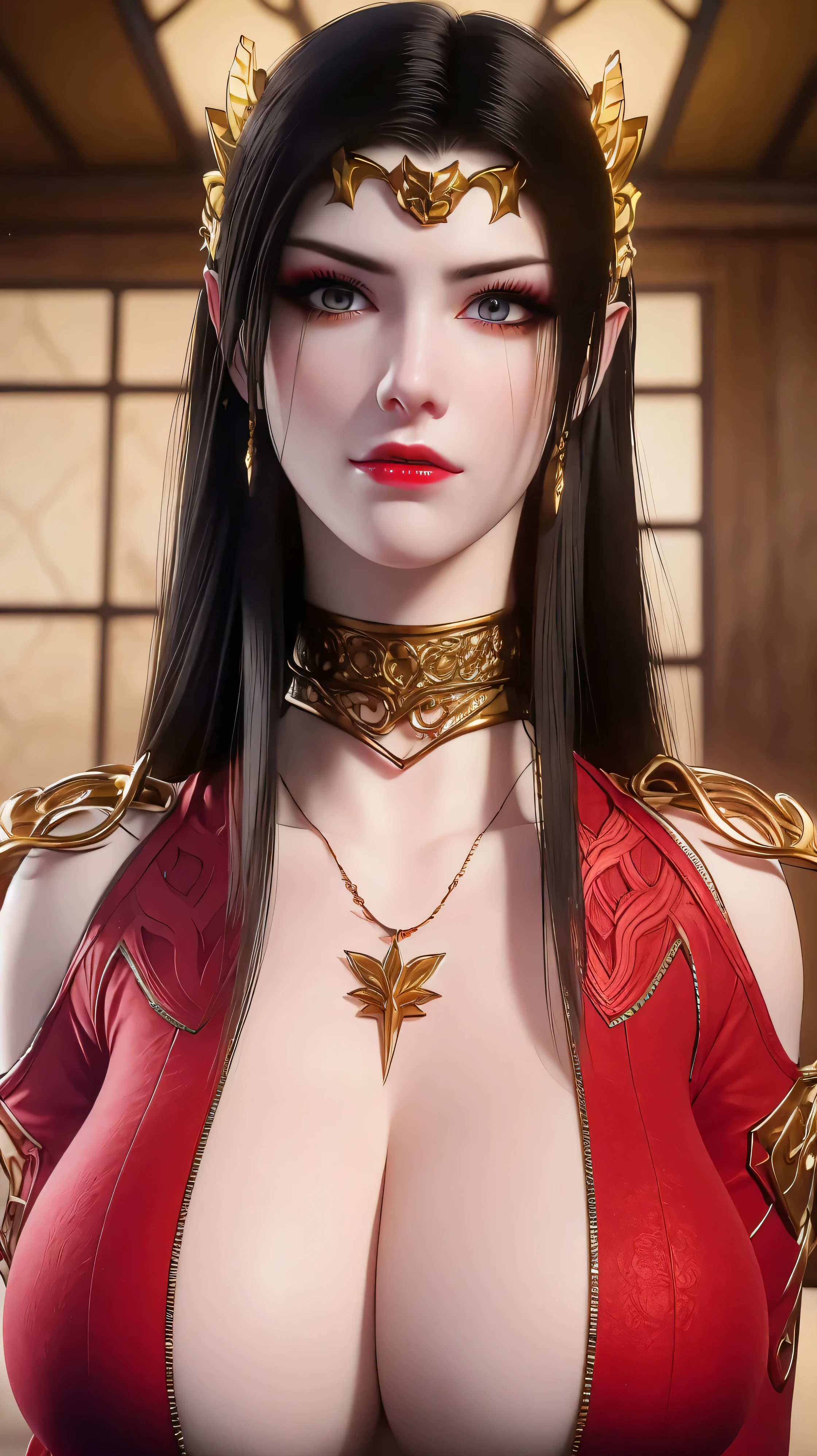 (lifelike, high - resolution:1.3), 1 girl with a perfect body, Super fine face and eyes,slong hair, big boob,Expose cleavage5, lightning, hyper-realistic graphics, most realistic graphics, 1 girl, alone, solo, Extremely sharp, surreal image, sharp eye makeup, meticulous makeup eyelashes, pretty red lips, pursed lips, full body shot, inside the room, naked, undressed, NSFW.