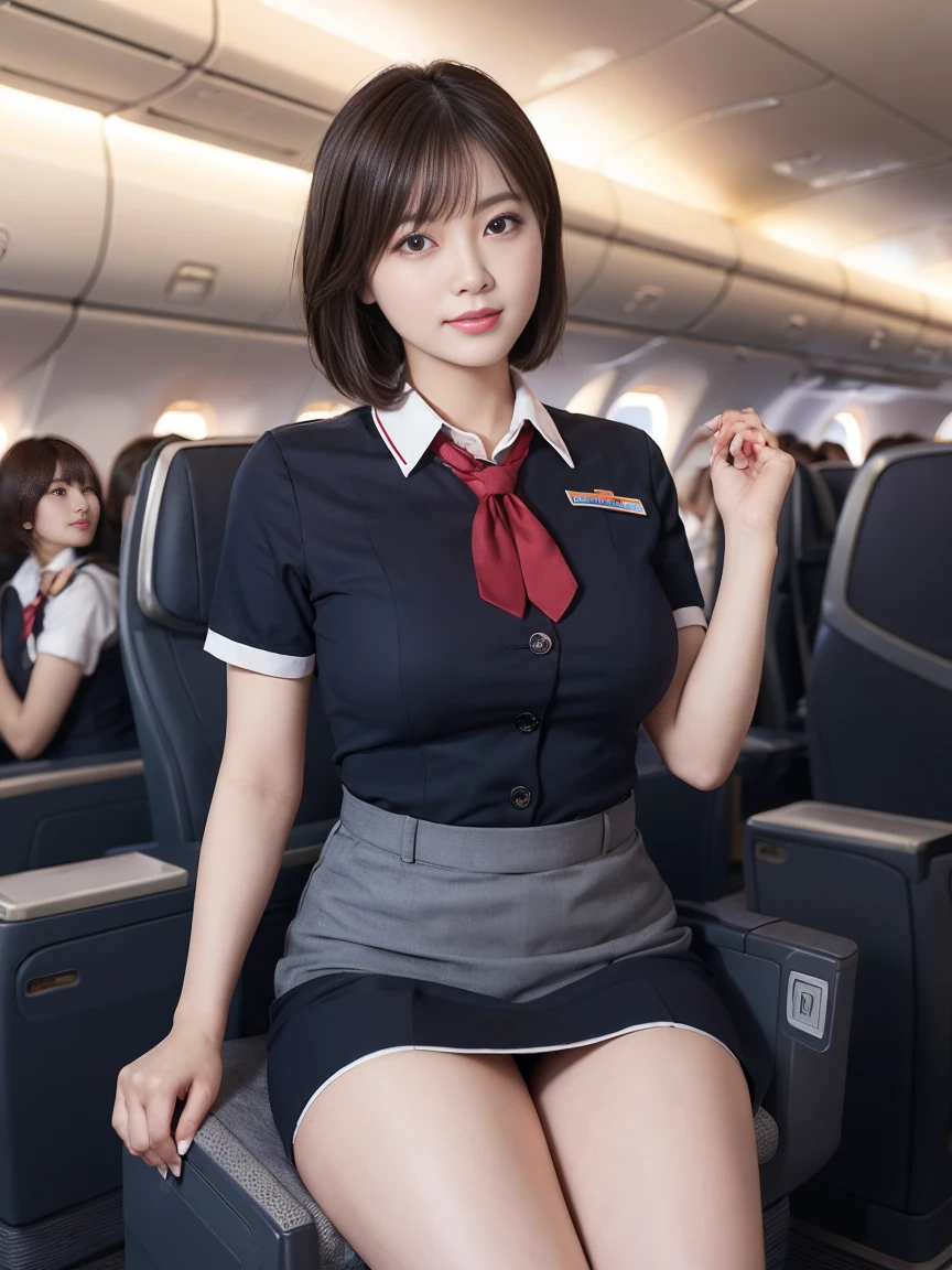 1 female, 40 years、very detailed顔、lip details、detailed eye、double eyelid、(black bob hair、Like an airplane stewardess々please do a good job)、(stewardess uniform:1.2)、(glamorous body)、(big breasts)、smile、thighs thighs thighs, Exactly, perfect image realism, With background: (airplane business class aisle:1.2), cowboy shot, detailed background, detailed costume, perfect lighting、hyper realism、(Photoreal:1.4)、8K maximum resolution, (masterpiece), very detailed, Professional