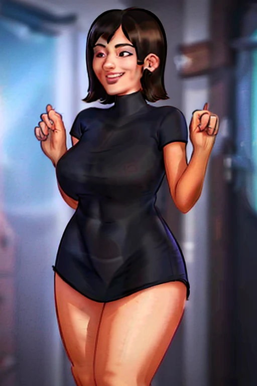 (Masterpiece artwork, best qualityer: 1.2), standing alone, 1 girl, Mavis Dracula, ssmile, gazing at viewer, black gown, striped thighs,(best qualityer,realisitic),(1woman:1.1),(dark haired,pose sexy,fully body,smiling),(tight short dress),(toned body,thick-thighs,breasts small)