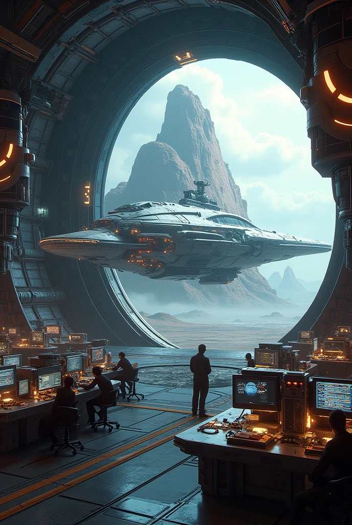 exterior of spaceship. You can see the scenery of an alien planet through the window, The entire space is filled with workstations with electronic devices and screens, Full HD