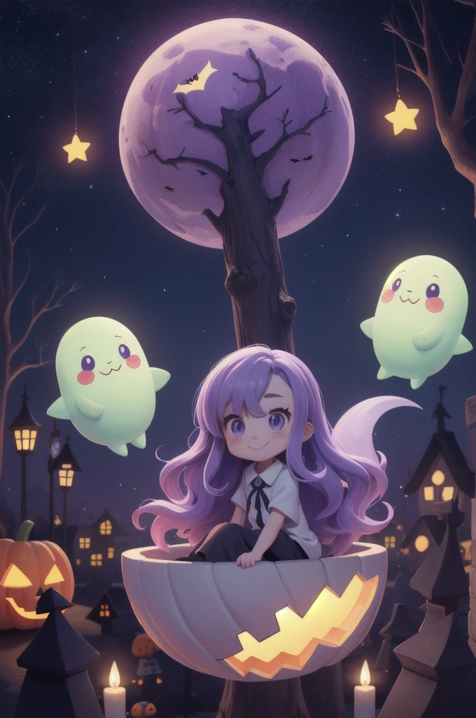 ((masterpiece,Highest quality)),Absurd,cute_Ghost,No humans,alone,Ghost,floating,Halloween,Pokemon (Living things),cute,alone,smile,View your viewers,Purple Theme,Cemetery in the background,night空、Beautiful stars、cute、night、Bat