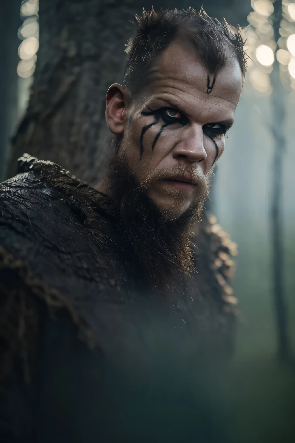 Hyper-realistic cinematic artwork of Floki from the Vikings series, captured in a dynamic pose with the sensation of movement, as if he's emerging from shadows in a dense, misty forest. His intense gaze and intricate facial tattoos are emphasized, reflecting his eccentric and mystical nature. The scene is bathed in a cold, harsh light that contrasts with the dark, ominous surroundings, capturing the grim atmosphere of the Viking era. The image should convey a sense of depth, with a strong focus on three-dimensionality, highlighting Floki's enigmatic and chaotic personality, set against the backdrop of the Norse world.