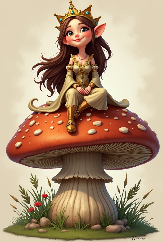 Here's the revised prompt:
"Create an 1D illustration logo or image of a happy dwarf adult princess sitting on a huge mushroom. The princess should have a golden crown adorned with small gems, and her expression should be joyful and kind. The mushroom is large and detailed, with intricate patterns and textures resembling natural growths. The queen wears a flowing royal robe with earthy tones and rich embroidery. The overall style should be whimsical and enchanting, fitting for a product logo named 'Konriz.'"