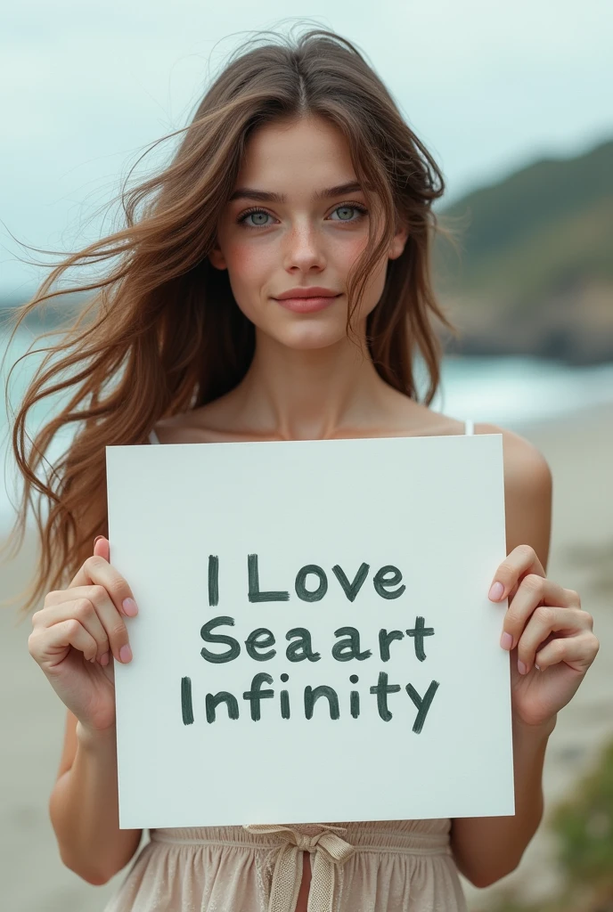 Beautiful girl with wavy long hair, bohemian dress, holding a white board with text "I Love Seaart Infinity" and showing it to the viewer