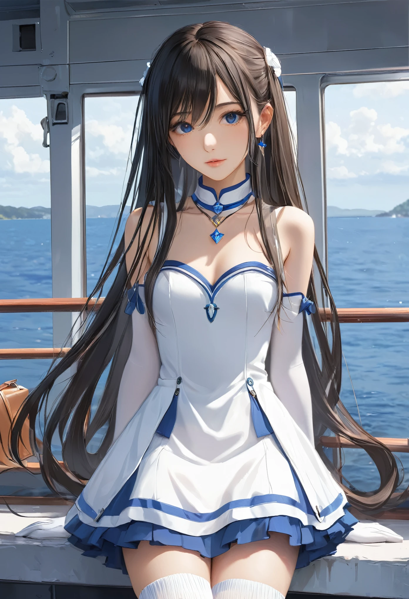 (masterpiece, Highest quality:1.2), one person&#39;s, alone,Bony body、、ferry, ((Long Hair)), ferryBase, ((Knee socks)), Exposing shoulders, ((jewelry)), ((No sleeve)), White Dress, Blue Skirt, ((gloves)), Up to the thighs, 