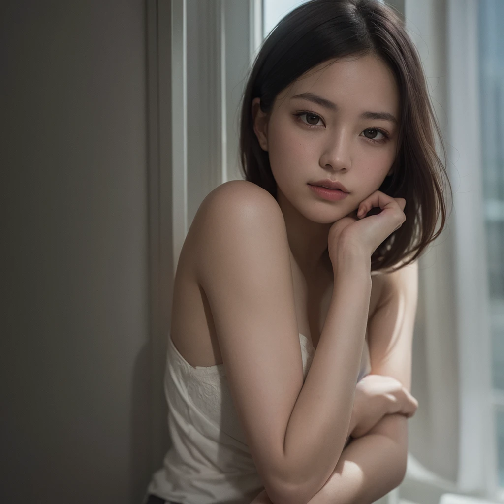 Top Quality, Masterpiece, Ultra High Resolution, (Photorealistic: 1.4), Raw Photo, 1 Girl, Off Shoulder, Darkness, Deep Shadow, Low Key, Cold Light, window and rainy day