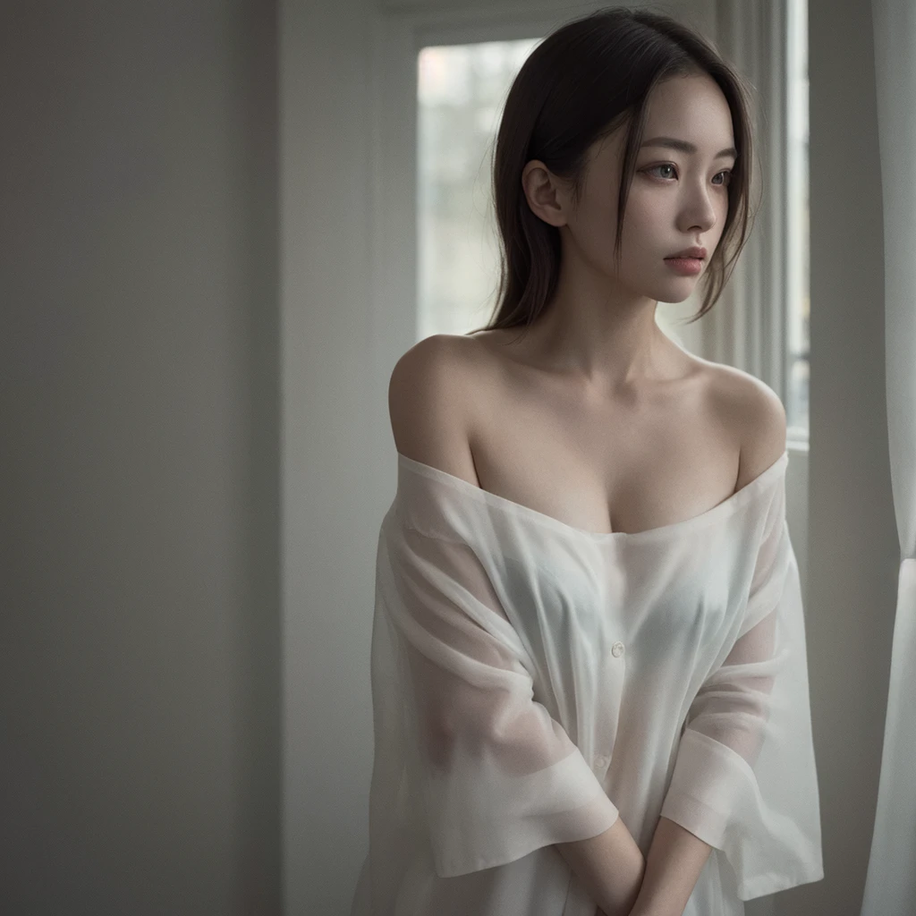 Top Quality, Masterpiece, Ultra High Resolution, (Photorealistic: 1.4), Raw Photo, 1 Girl, Off Shoulder, Darkness, Deep Shadow, Low Key, Cold Light, window and rainy day