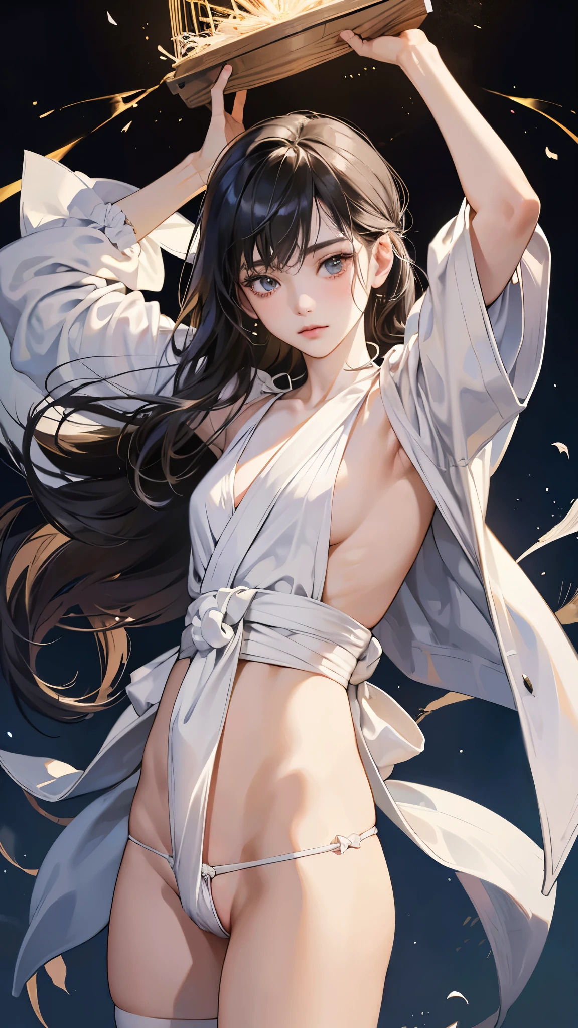 (absurdres, highres, ultra detailed),masterpiece,best quality,high resolution,8k,Realistic face,Realistic skin texture,magnified textures, stunning clarity,(ultra detailed eyes and face),(1 girl:1.5),15 years old,black hair,long hair,pale skin, mysterious eyes,(White yukata:1.2)(thin fabrik:1.4),thin body type,big breasts,(expressionless:1.2),small ass,,Steampunk in the edo Period、night、darkened room、,look up to  viewer,(from front:1.3),Delicate atmosphere、,cowboy shot,she's in chains, sarashi,(white fundoshi:1.6),arms up, wariza、sweaty skin、cascading sparks、in a wooden cage