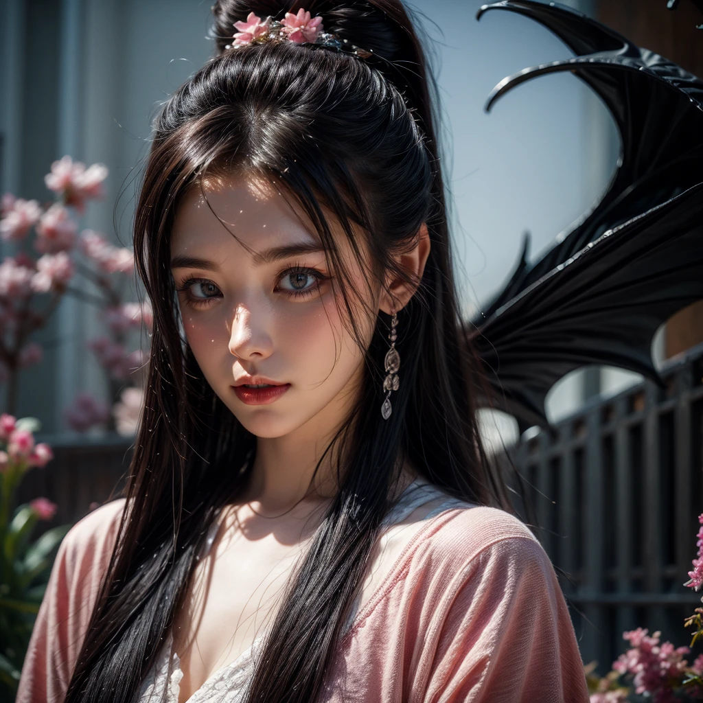 a girl with pink eyes, long purple hair in a high ponytail, liquid hair, dragon girl, flowers, dragon head background, negative space, 1 girl, solo, best quality, 4k, 8k, highres, masterpiece, ultra-detailed, realistic, photorealistic, HDR, UHD, studio lighting, ultra-fine painting, sharp focus, physically-based rendering, extreme detail description, professional, vivid colors, bokeh, (Exposed:0.5)
