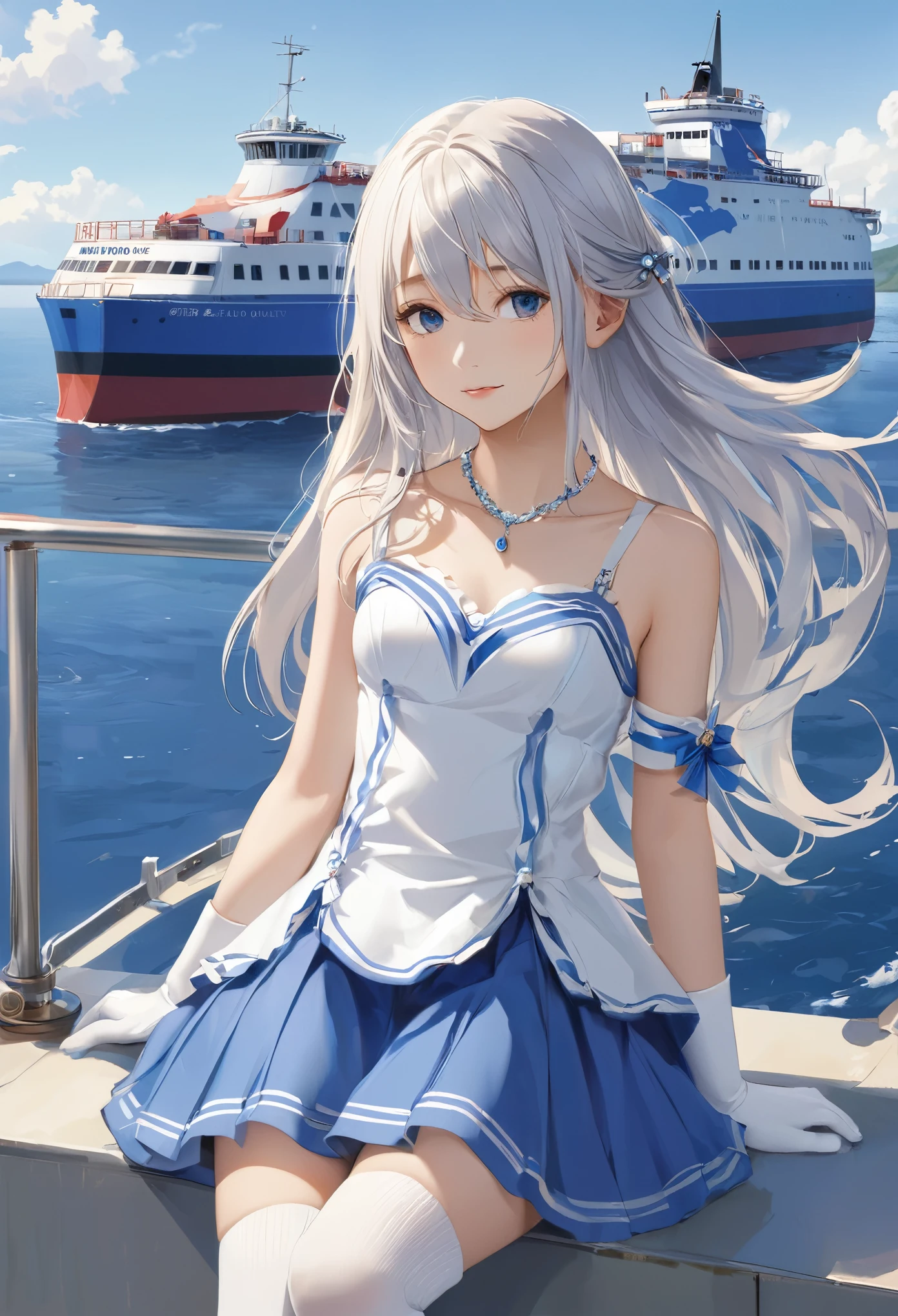 (masterpiece, Highest quality:1.2), one person&#39;s, alone,Bony body、、ferry, ((Long Hair)), ferryBase, ((Knee socks)), Exposing shoulders, ((jewelry)), ((No sleeve)), White Dress, Blue Skirt, ((gloves)), Up to the thighs, 