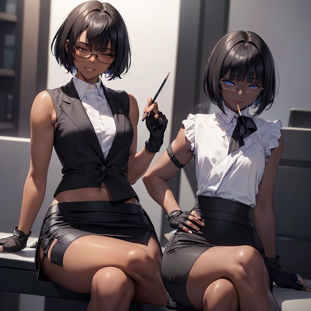  (masterpiece:1.2), highest quality, High resolution, unity 8k wallpaper, (fine and beautiful eyes:1.6), highly detailed face, perfect lighting, Detailed CG, (perfect hands, perfect anatomy:1.3), (1 femmale:1.4), (20 years old femmale:1.4),( black hair:1.3), extremely beautiful detailfeminine face and eyes, (evil smile:1.3), detailed eyes, best quality,( dark skin:1.8), extremely detailed, very precise detailed,(glasses:1.3), (blunt bangs:1.3), open mouth, (very short hair:1.4),(fingerless gloves:1.5), (half closed eyes:1.5),(business suit:1.6),boots,(flat chest:1.4),(cigarette in mouth:1.2),sitting,(long pencil skirt:1.6),(long skirt in slit:1.6),(crossed_legs:1.3), 