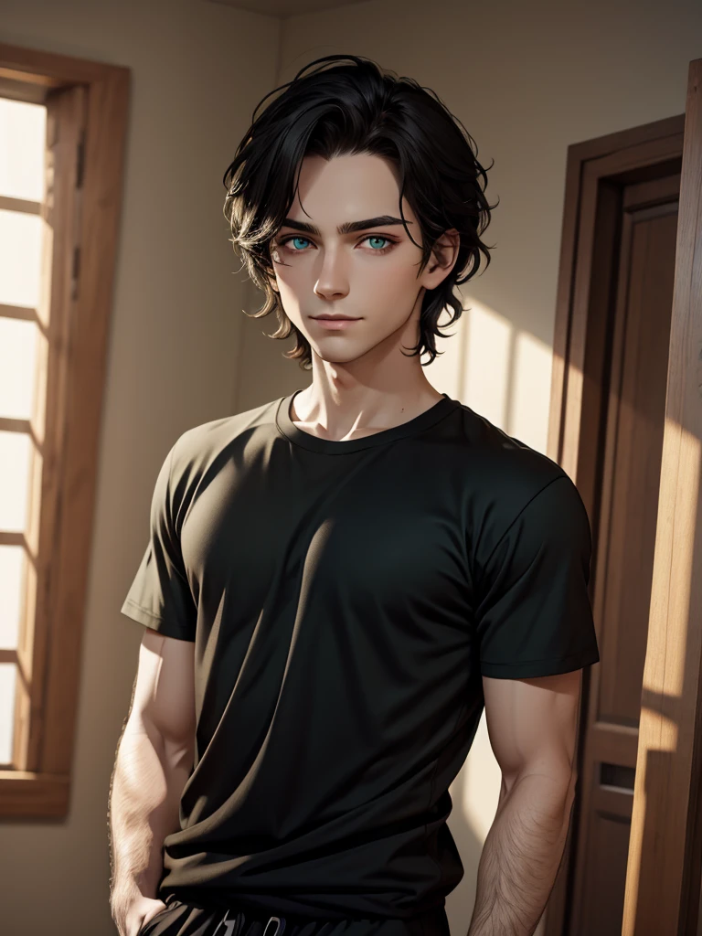 (best quality), 1boy, male, pale skin, black hair, medium hair, curtain hair, tousled hair, green eyes, perfect eyes, dark circles under eyes, light smile, black t-shirt, sweatpants, masterpiece, anatomically correct, highres