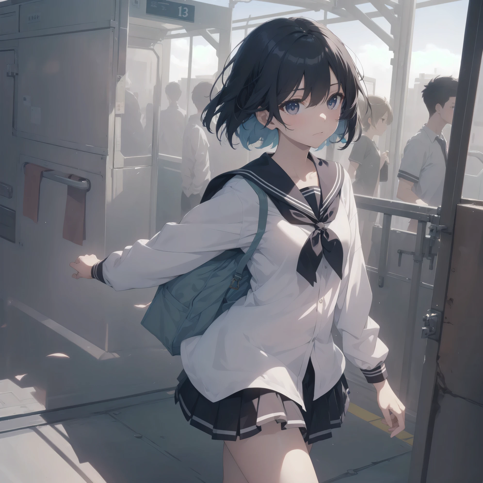 ultra-absurdres-Top quality by artist God, ultra-detailed, high resolution, anime moe artstyle, best anime 8k konachan wallpaper, pixiv contest winner, pool:2810, perfect anatomy,break, 1girl, (Please draw a girl walking sleepily to school alone. )break,(Solo,little female, 13-year-old:1.3),Full limbs, complete fingers,a junior high school student, (very short hair), short cut, flat chest, , small butt, small black eyes, beautiful detailed eyes, well-proportioned iris and pupils, expressive eyes, highres detailed hair, soft expression, salor school_uniform, sailor collar, serahuku, bow, pleated skirt,(Detailed Lighting), (Detailed background), in the School commute route. break,super detailed skin, Best cinematic lighting powered by famous artist, 8k,beauty illustration,photoshop_(medium),very aesthetic,break,((artist:shiromanta )), artist:clamp ,artist:carnelian ,artist:kantoku ,
