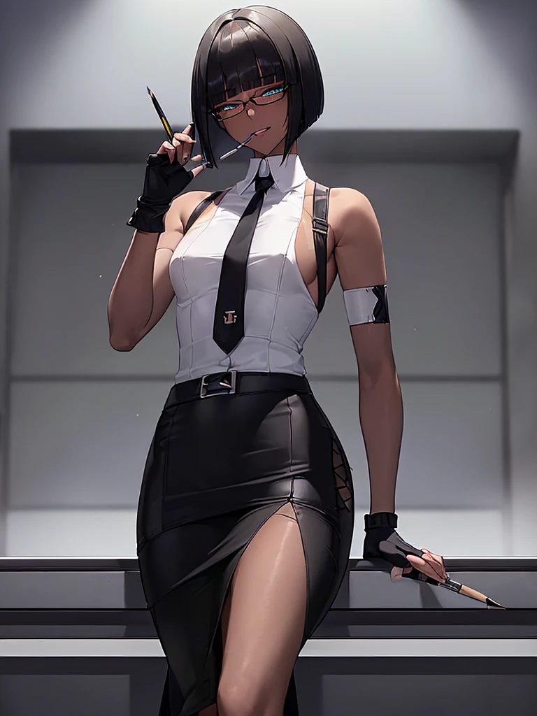 (masterpiece:1.2), highest quality, High resolution, unity 8k wallpaper, (fine and beautiful eyes:1.6), highly detailed face, perfect lighting, Detailed CG, (perfect hands, perfect anatomy:1.3), (1 femmale:1.4), (20 years old femmale:1.4),( black hair:1.3), extremely beautiful detailfeminine face and eyes, (evil smile:1.3), detailed eyes, best quality,( dark skin:1.8), extremely detailed, very precise detailed,(glasses:1.3), (blunt bangs:1.3), open mouth, (very short hair:1.4),(fingerless gloves:1.5), (half closed eyes:1.5),(business suit:1.6),boots,(flat chest:1.4),(cigarette in mouth:1.2),sitting,(long pencil skirt:1.6),(long skirt in slit:1.6),(crossed_legs:1.3),