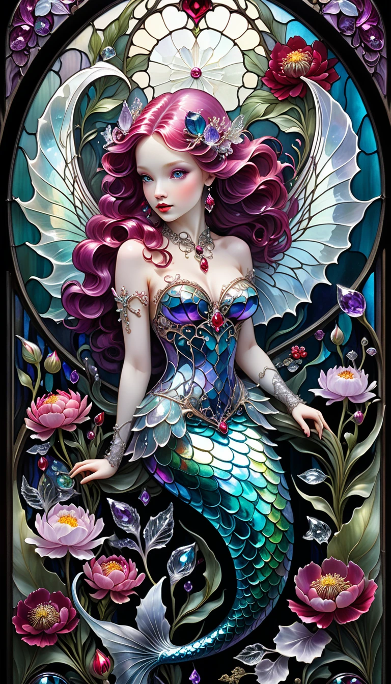 triadic colors, cinematic, official art, close fairytale transparent glass mermaid ruby peony flowers, ice hoarfrost, baroque, Craola, highly detailed stained glass wings, amethyst crystals, labradorite iridescent crystals, Andy Kehoe, John Blanche, complex highly detailed background,  book detailed illustration, fantasy, filigree, filigree detailed, intricated, cute
