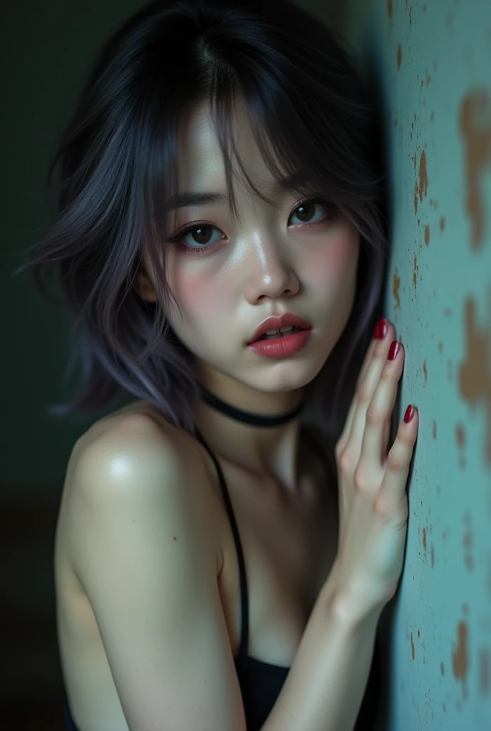 Asian with almond eyes and colored hair , with goth make up and body naked