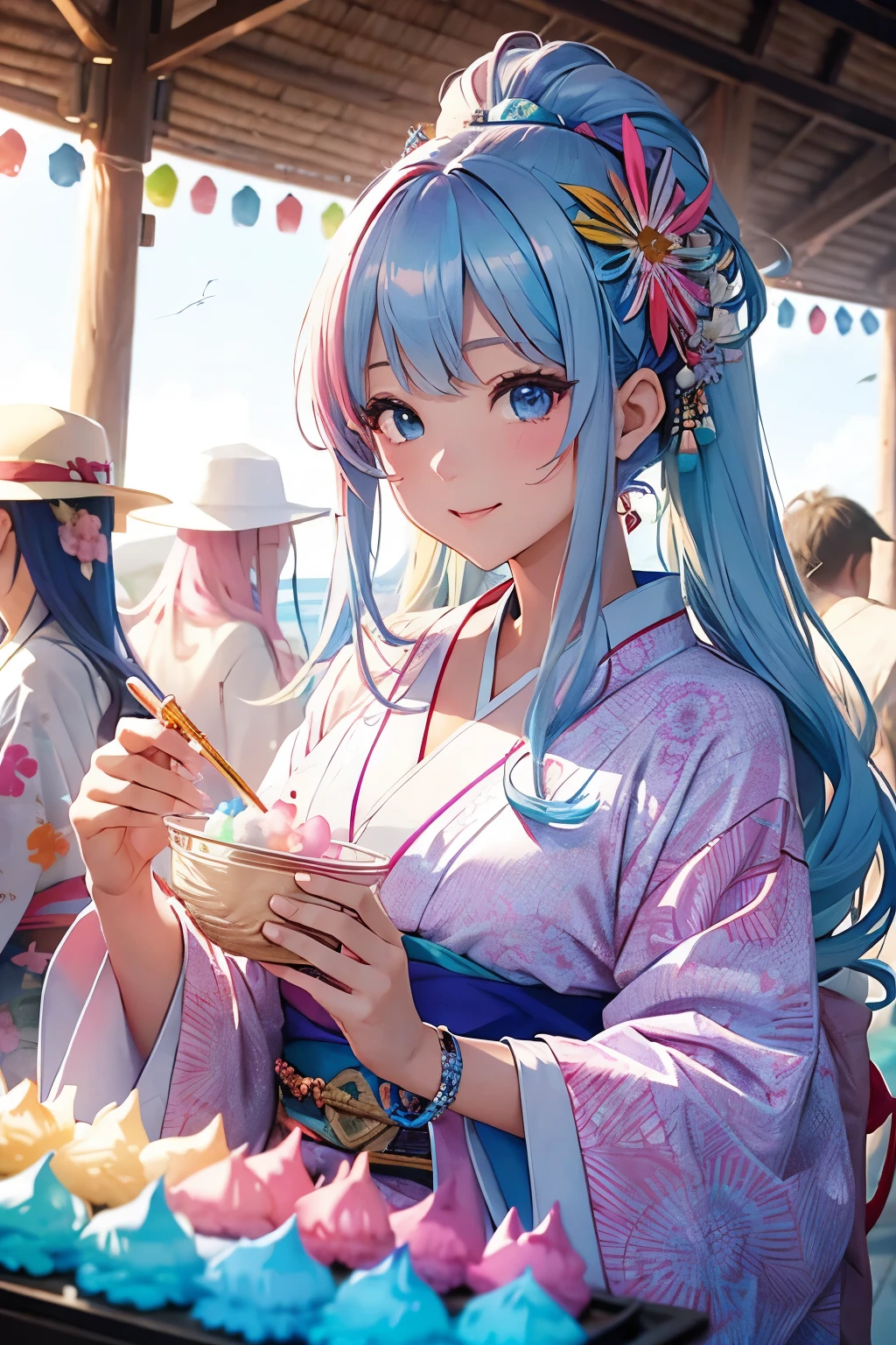 Summer festival、Roxy Migurdia、mksks style、3 people、(Highly detailed background:1.0)、(Highly detailed background:1.0)、masterpiece、Highest quality、Ultra HD、16K、High detail、blue eyes、From below、cotton candy、Upper body、Recall、Emerald hair ornament、Reddish cheeks、Laughter、(1/Two pink ones/2 Light blue hair、Rainbow Hair、amount)、(Colorful kimonos,Plenty of drape、Rainbow pattern kimono:1.3、Light、soft、fluffy)、Silver Necklace、Silver Bracelet、(Radial Pattern:1.4)、Beach Party:1.4、Barbecue Tournament、Contest、