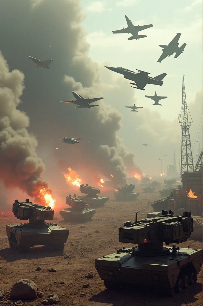 Ground air defense and missiles in battle field in small shapes firing to fighter aircraft