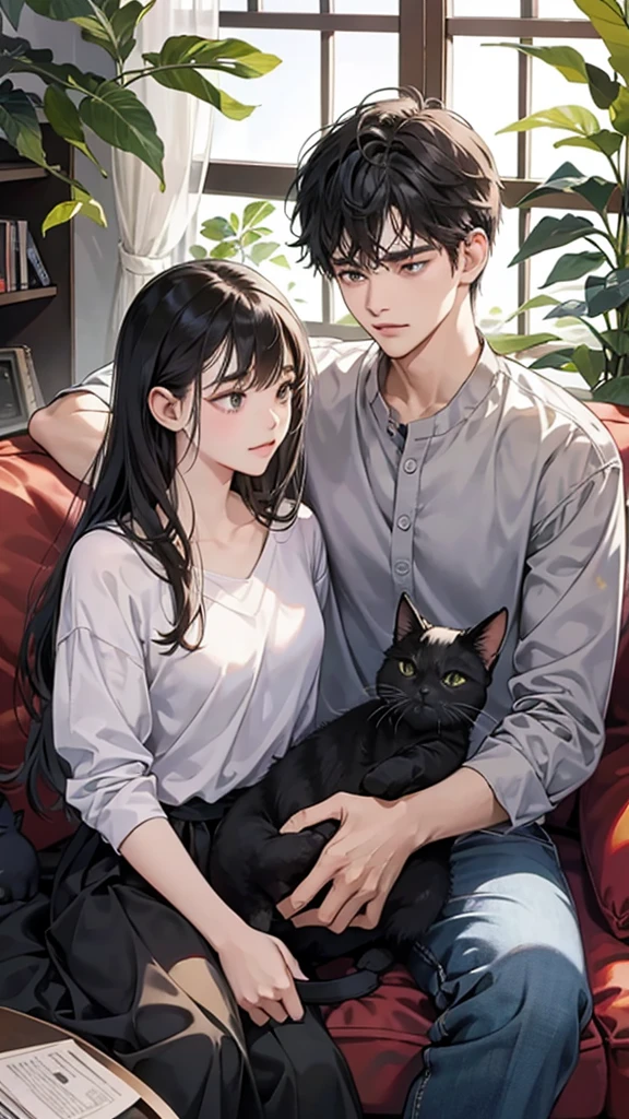 college student couple, Carrying a cat, Sit on the sofa, Black Cat, living room,ถูกต้องตามกายวิภาคศาสตร์, 