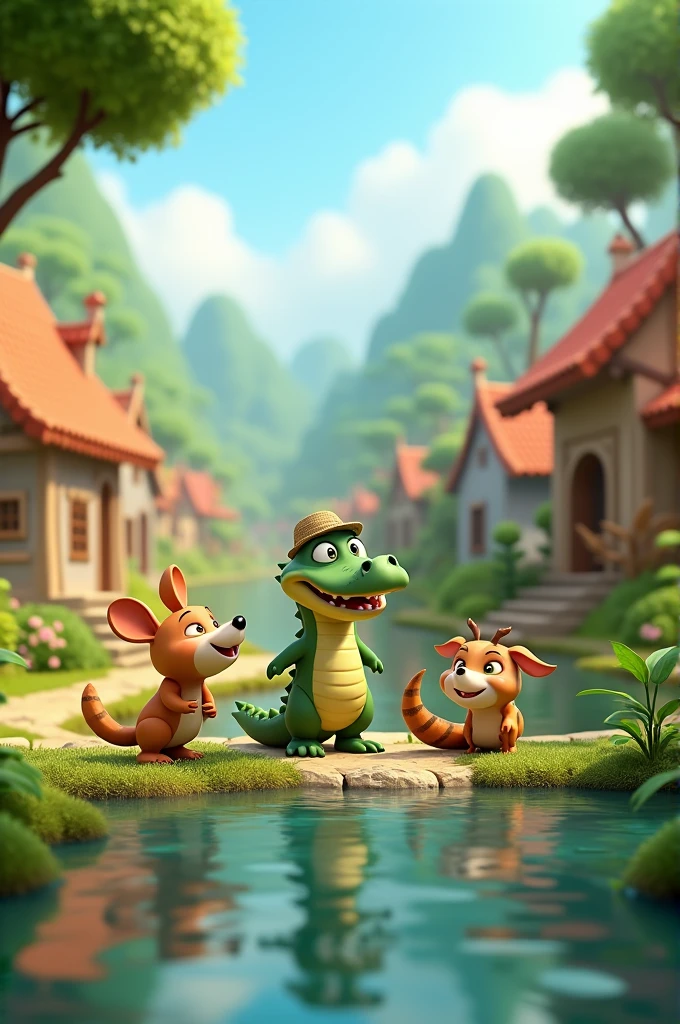 in 3D animation style "A peaceful village scene with various animals going about their daily activities. Kumi the Crocodile is seen smiling and playing with his friends."