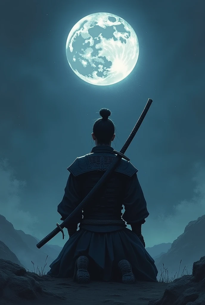 A Samurai on his knees with his sword stuck in the ground looking at a moon with a sharingan