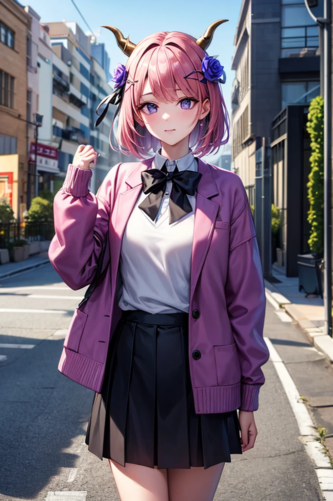 masterpiece, Highest quality, High resolution, Himsul 1, Horned hat, hair flower, x Hair accessories, White sweater, Purple Jacket, flower, Long sleeve, Open clothes, Black Bow, Sleeves are longer than the wrist, skirt, Cowboy Shot, Outdoor, street, Are standing
