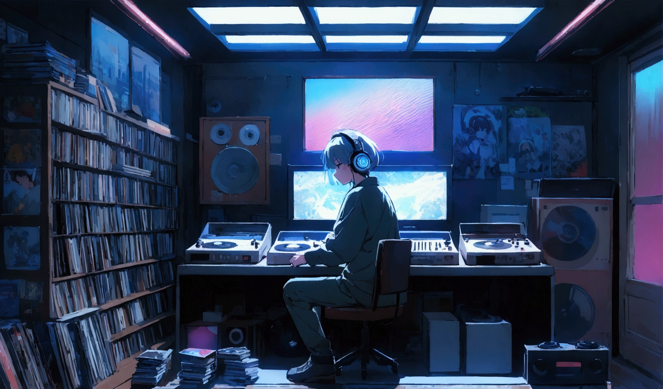 1 person,Photo of a man wearing headphones and listening to music, Why in the text?, Very detailedな, Vintage Wave, cyber punk, relax, Light coming through the window, nightの風景, One Bedroom, 2D, (Shot from a distance), Wide Shot, (Movie noise), 古いcomics, (Many records: 1.3), vinyl record store, (masterpiece, Very high quality, Very high quality, Official Art, beautifully、beautiful: 1.2), (Very detailed, (Fractal Art: 1.4 ), guitar, (Note: 1.4), (Lo-fi hip hop), Side view, Old Anime Texture, alone, speaker, cyber punk, vinyl, night，Exquisite facial details，Cool guy,game machine,comics,Vintage Wave,
