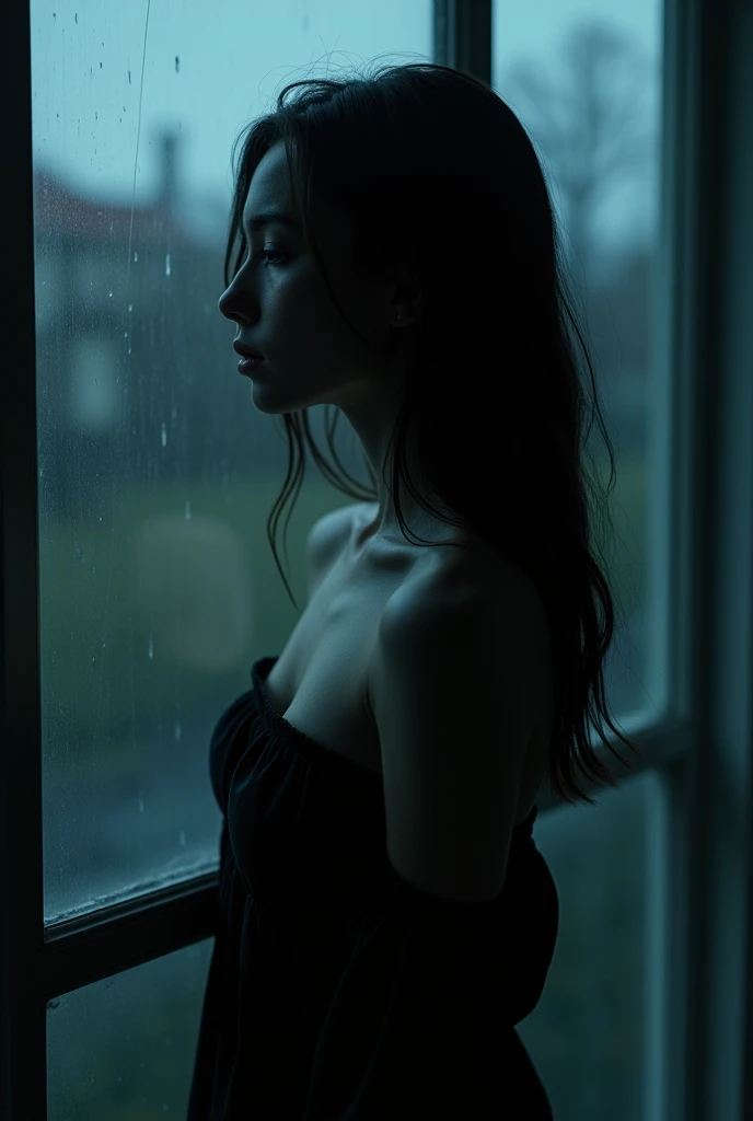 Top Quality, Masterpiece, Ultra High Resolution, (Photorealistic: 1.4), Raw Photo, 1 Girl, Off Shoulder, Darkness, Deep Shadow, Low Key, Cold Light, window and rainy day