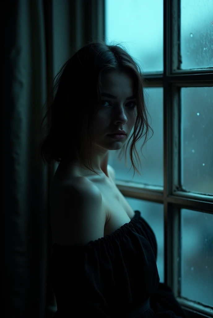 Top Quality, Masterpiece, Ultra High Resolution, (Photorealistic: 1.4), Raw Photo, 1 Girl, Off Shoulder, Darkness, Deep Shadow, Low Key, Cold Light, window and rainy day