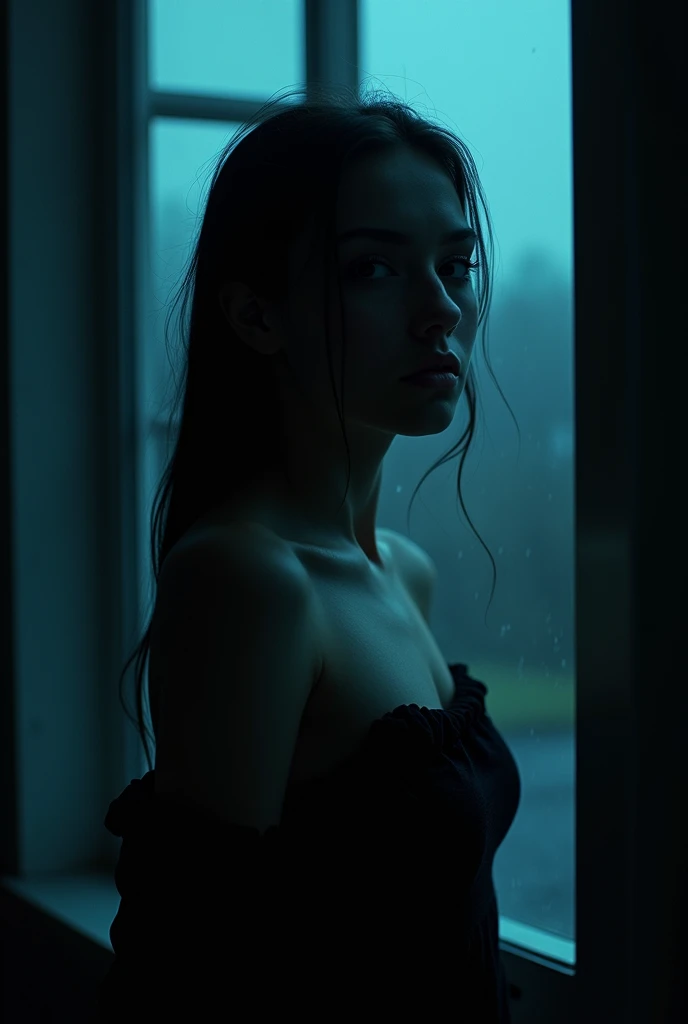 Top Quality, Masterpiece, Ultra High Resolution, (Photorealistic: 1.4), Raw Photo, 1 Girl, Off Shoulder, Darkness, Deep Shadow, Low Key, Cold Light, window and rainy day