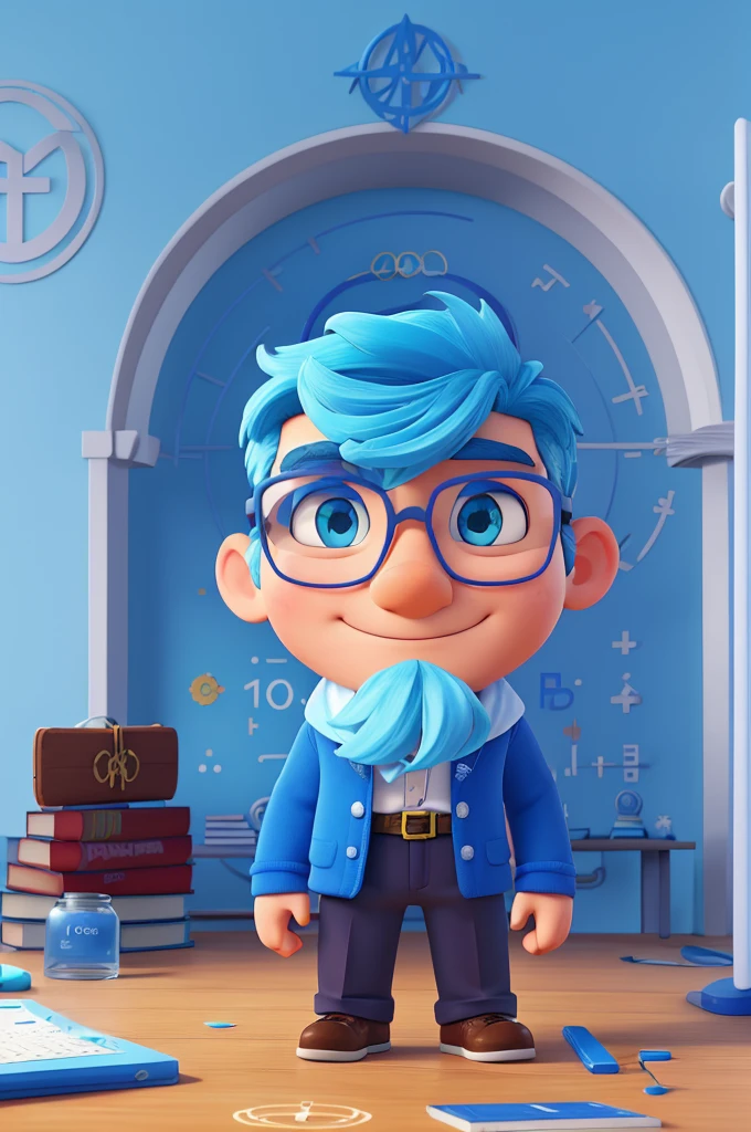 create a blue math olympiad mascot With Olympic arches and mathematical symbols.
Characteristics: Mathius has an oval body, inspired by the school logo, with a book in the center of his chest.
Colors: The main colors are blue and white, symbolizing peace, tranquility and trust.
Accessories: glasses in the shape of the Olympic arch, Mathius uses a calculator