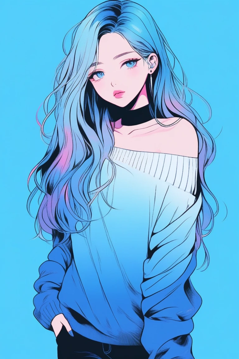 Illustrator, anime , Realistic ,sketch , 1 person, ,lip, Off-the-shoulder sweater, whole body, order, Blue gradient background, Neon Long Hair,Texture Trim, Canadian, (masterpiece,Highest quality) Cancer
