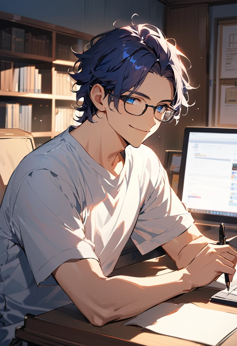 young man with dark blue messy hair, wearing glasses with dark frames, large blue eyes, gentle and confident smile, white t-shirt, sitting at a desk, holding a pen, warm light from a window, bookshelves in the background, computer screen visible, relaxed and focused atmosphere, warm and cozy room