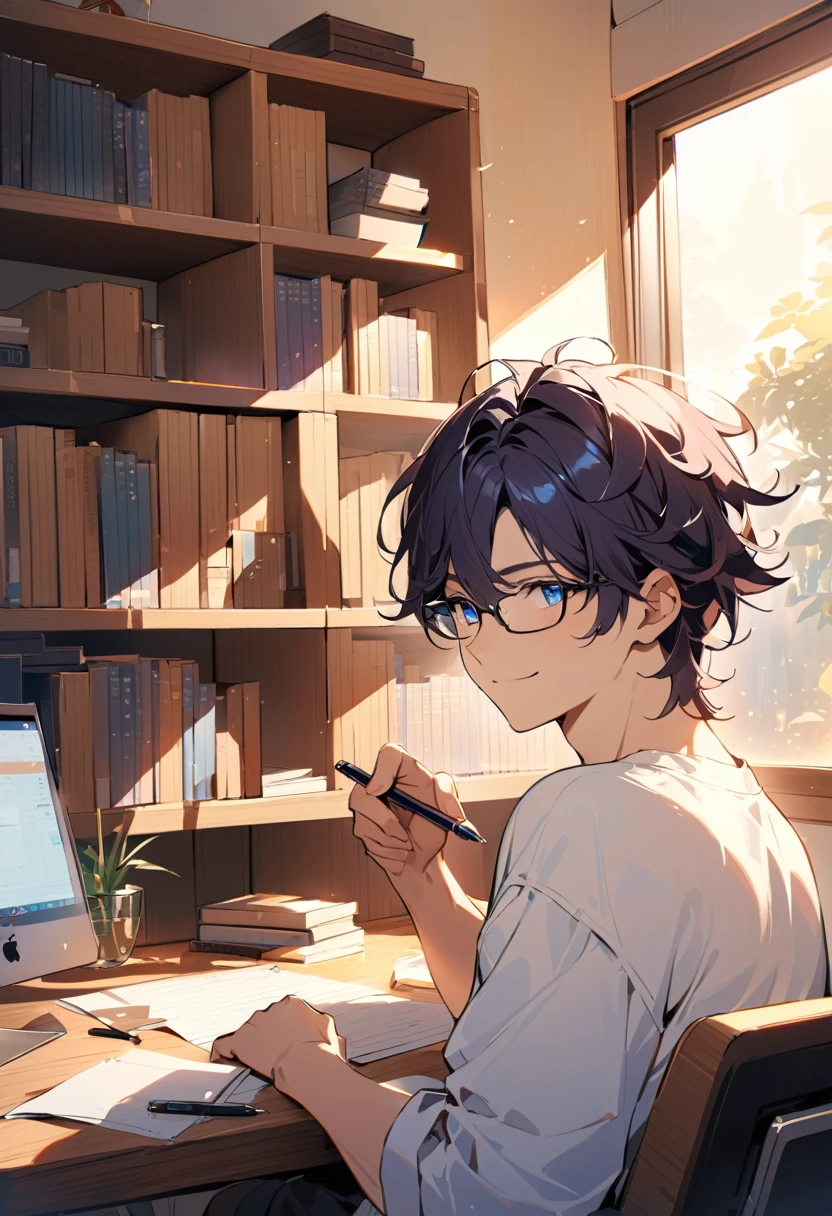 young man with dark blue messy hair, wearing glasses with dark frames, large blue eyes, gentle and confident smile, white t-shirt, sitting at a desk, holding a pen, warm light from a window, bookshelves in the background, computer screen visible, relaxed and focused atmosphere, warm and cozy room