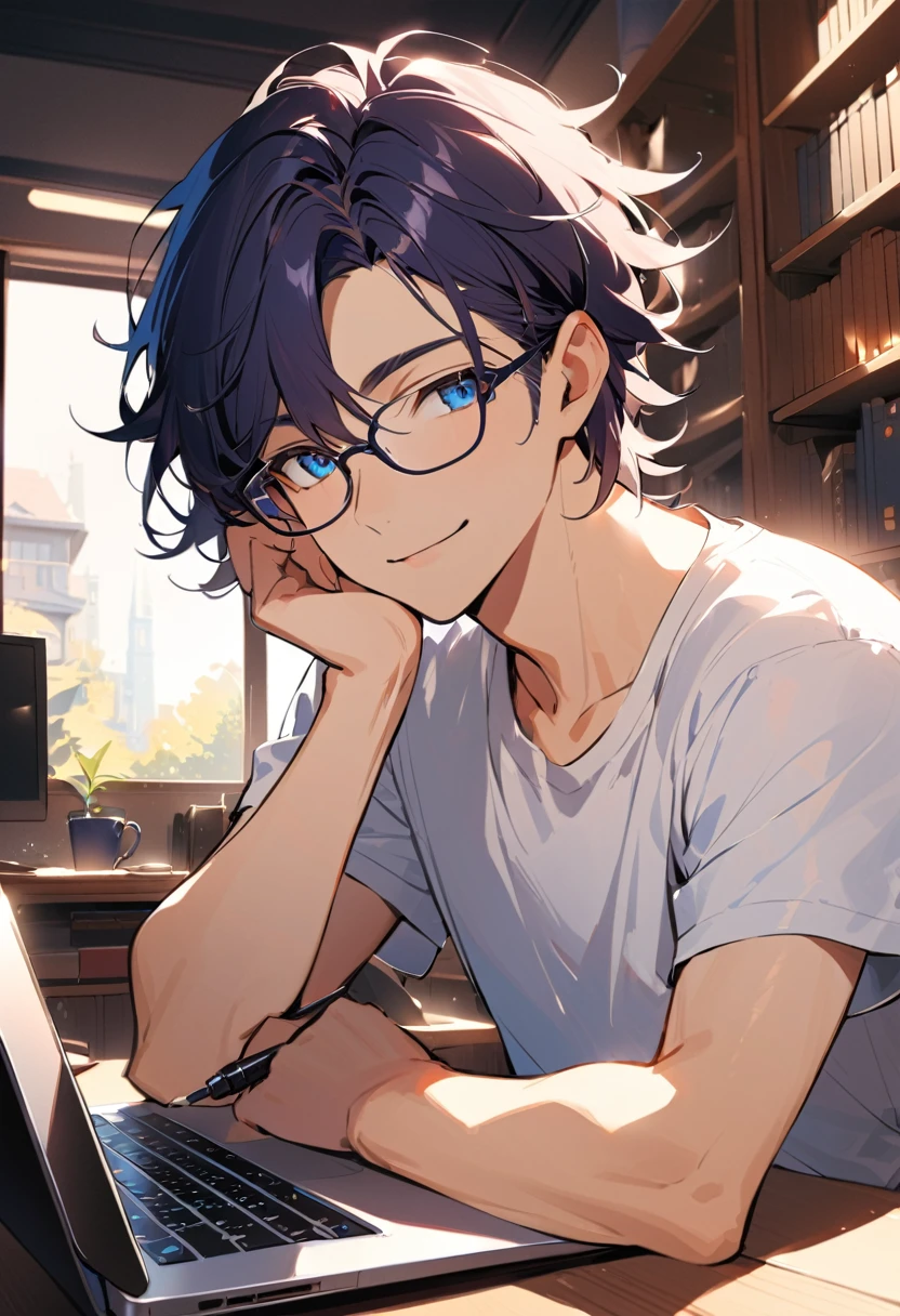 young man with dark blue messy hair, wearing glasses with dark frames, large blue eyes, gentle and confident smile, white t-shirt, sitting at a desk, holding a pen, warm light from a window, bookshelves in the background, computer screen visible, relaxed and focused atmosphere, warm and cozy room