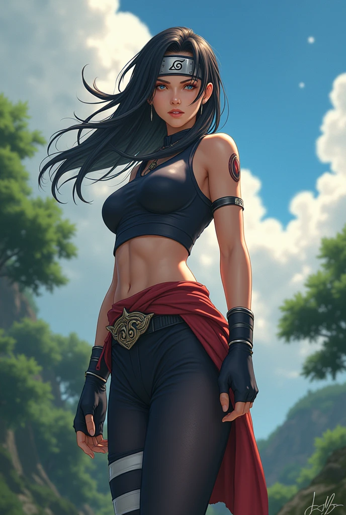 (photorealism:1.2), beautiful woman, anime naruto cherecter, strong, with powers, outside