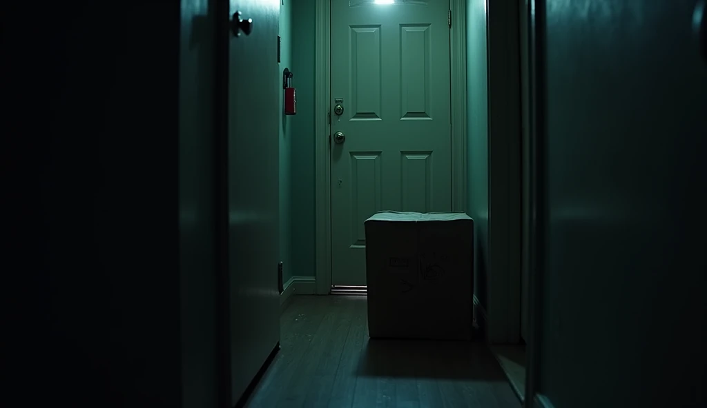 A roughly rectangular box measuring about 30cm by 40cm by 20cm, unwrapped package blocking a closed front door of a single-person apartment building in the US at night. The scene is dimly lit with an eerie glow. A diagonal angle shot focusing on the package with a narrow depth of field. Create a spooky atmosphere. A mysterious, unadorned package left on a doorstep of a single-person apartment building in the US in the dark. The only light source is an ominous glow emanating from the package. The diagonal shot and shallow depth of field should create a sense of dread and anticipation. A forgotten package, left on a doorstep of a single-person apartment building in the US in the dead of night. The viewer should feel a sense of unease as they peer through a keyhole at the ominous object. The diagonal composition and shallow depth of field emphasize the isolation and mystery. A dark, narrow hallway of a single-person apartment building in the US. A single ray of light illuminates a medium-sized, plain package blocking a door. The diagonal composition and shallow depth of field create a sense of unease and isolation.