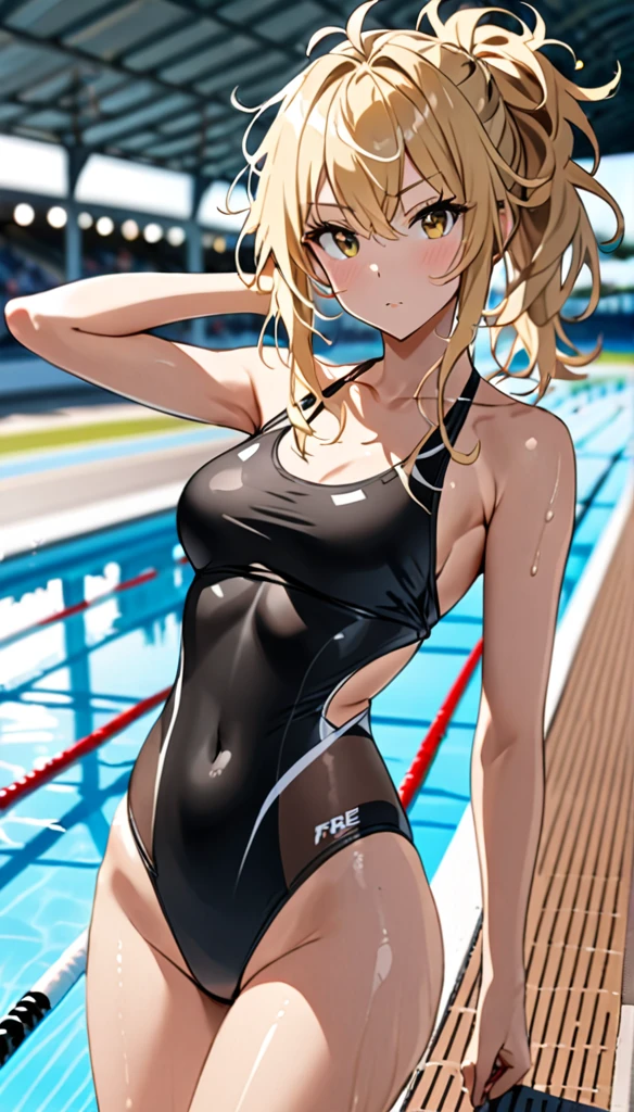 Beautiful and blond, messy hair, wearing all black, free arms, swimsuit, looking at the viewer, blurred pool background with race track, arrogant